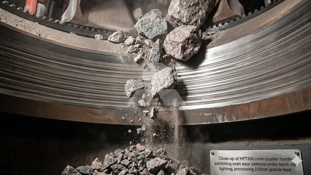 Close-up of HPT300 cone crusher mantle exhibiting even wear patterns under harsh site lighting, processing 230mm granite feed.