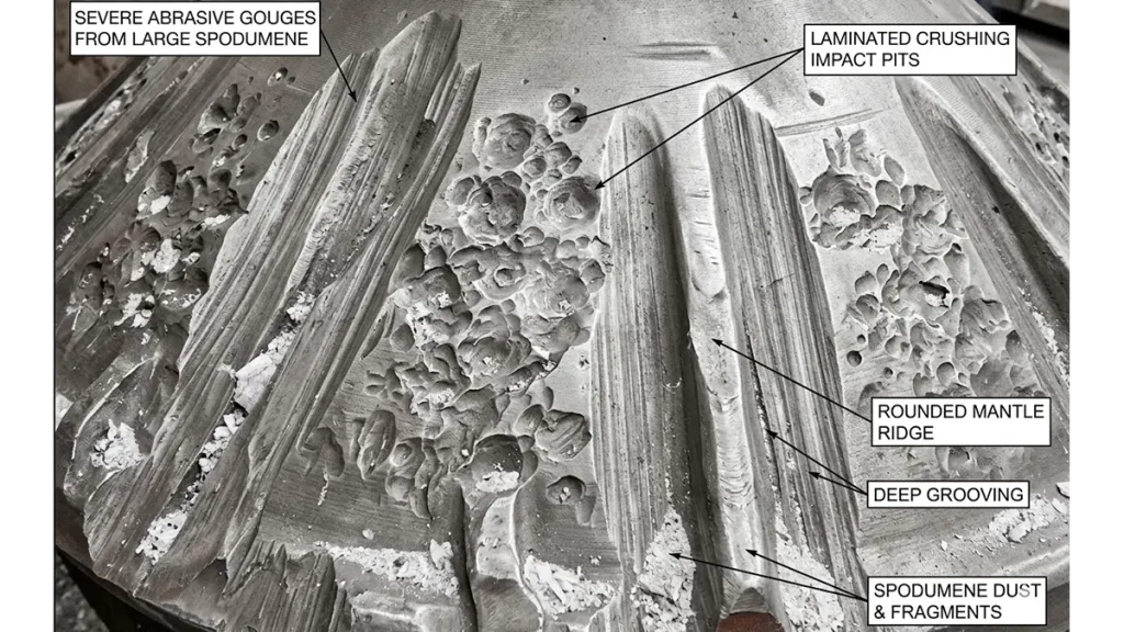 Close-up of HST250 Cone Crusher mantle wear patterns showing the effects of laminated crushing on highly abrasive 450mm spodumene feed.