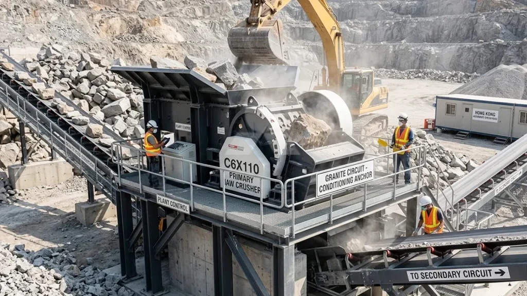 C6X110 primary jaw crusher being fed 700mm granite boulders, serving as the conditioning anchor for a gravel production circuit.