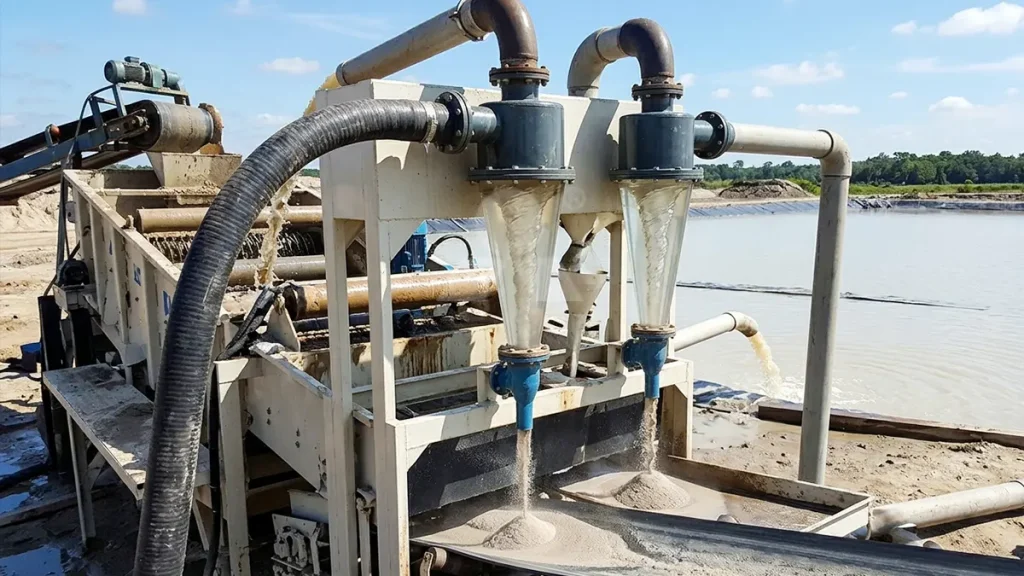 Hydrocyclone fine sand recovery system actively capturing 0.16mm premium silica particles before they are lost to the wastewater settling pond
