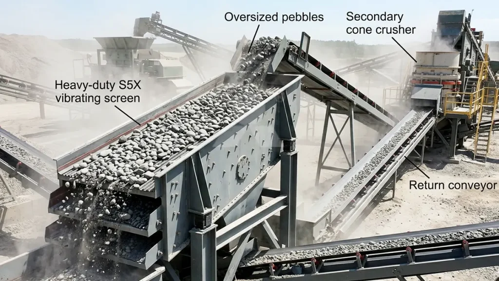 A heavy-duty S5X vibrating screen actively separating oversized pebbles and directing them onto a return conveyor for secondary cone re-crushing.
