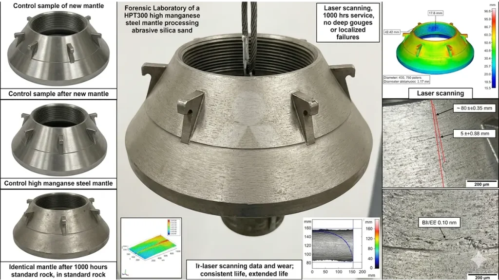 Forensic diagnostic of an HPT300 manganese mantle after 1000 hours of processing abrasive silica, demonstrating uniform wear and extended consumable life