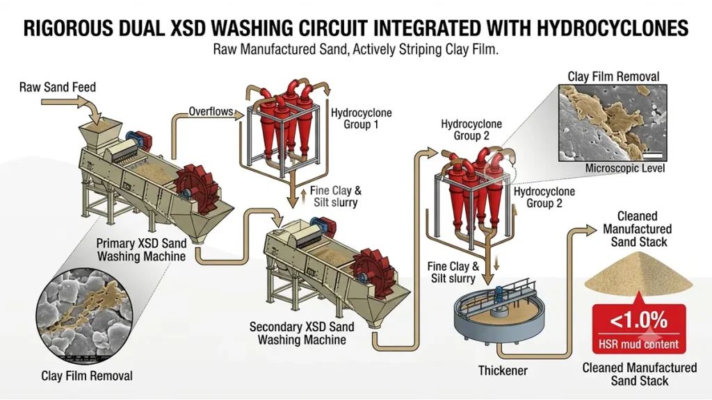 A rigorous dual XSD washing circuit integrated with hydrocyclones, actively stripping clay film from manufactured sand to meet strict <1.0% HSR mud content standards.