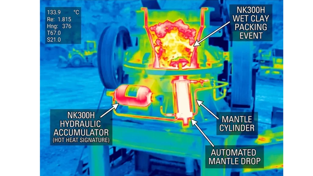 Infrared heat signature of the NK300H hydraulic accumulator reacting to a wet clay packing event, triggering an automated mantle drop to clear the crushing cavity