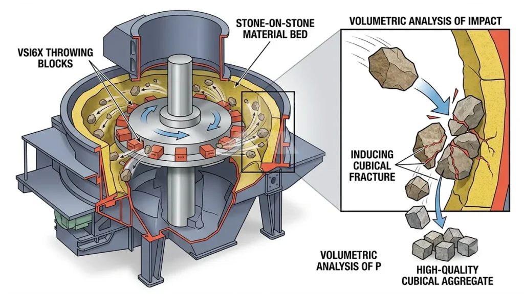 Volumetric diagram showing the VSI6X throwing blocks ejecting rock against a stone-on-stone material bed, inducing cubical fracture