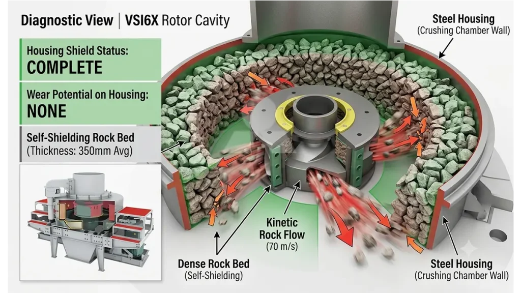 Internal diagnostic view of the VSI6X rotor cavity, showing the dense rock bed completely shielding the steel housing from the 70m/s kinetic rock flow