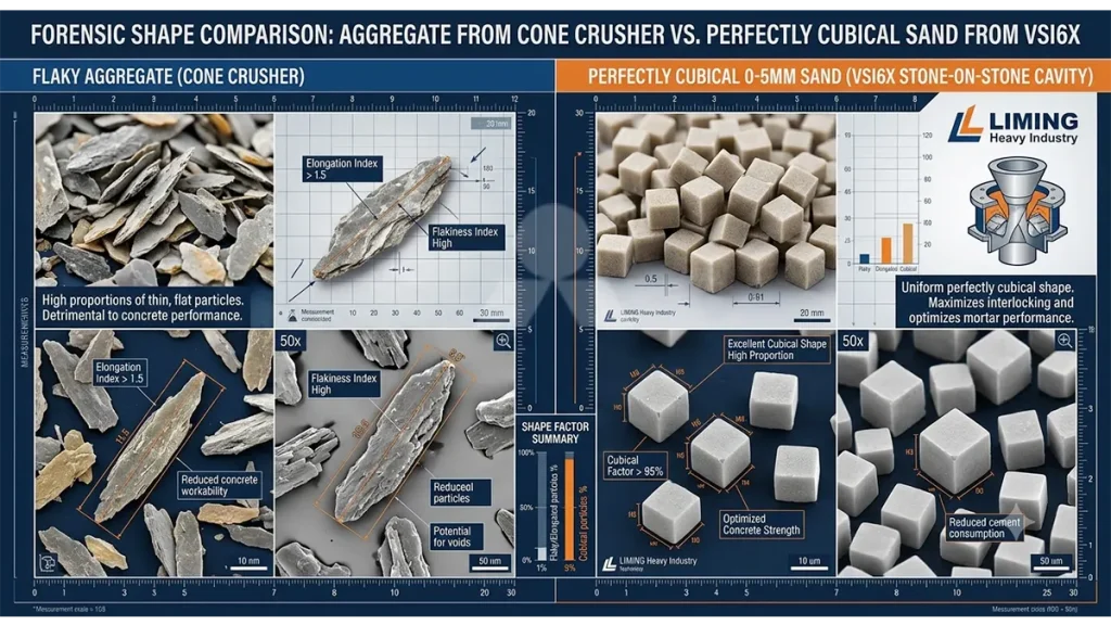 Forensic comparison between flaky aggregate produced by a cone crusher and perfectly cubical 0-5mm sand produced via the stone-on-stone cavity of the VSI6X